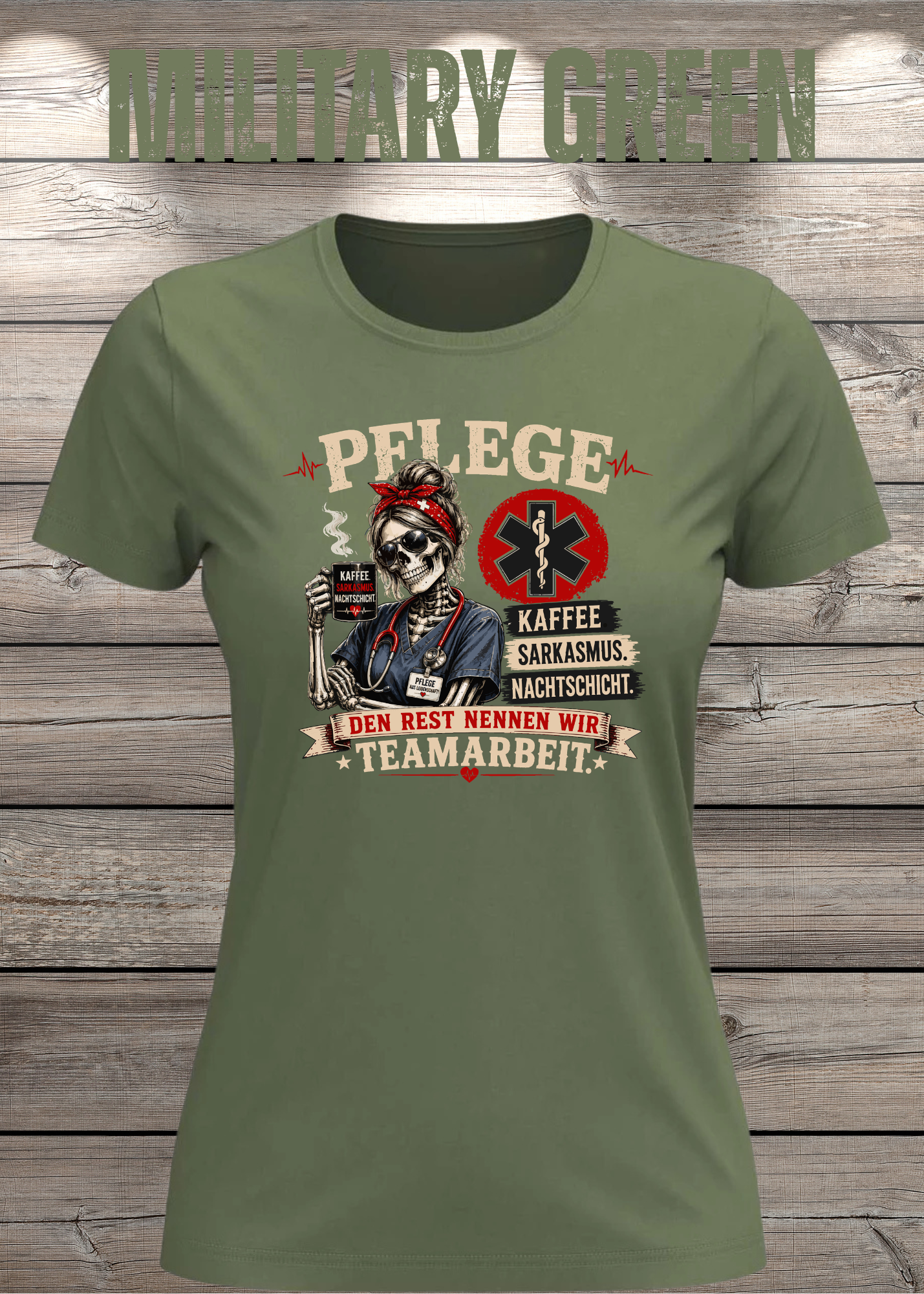 Pflege Damen T-Shirt – Kaffee, Sarkasmus, Nachtschicht – Den Rest nennen wir Teamarbeit