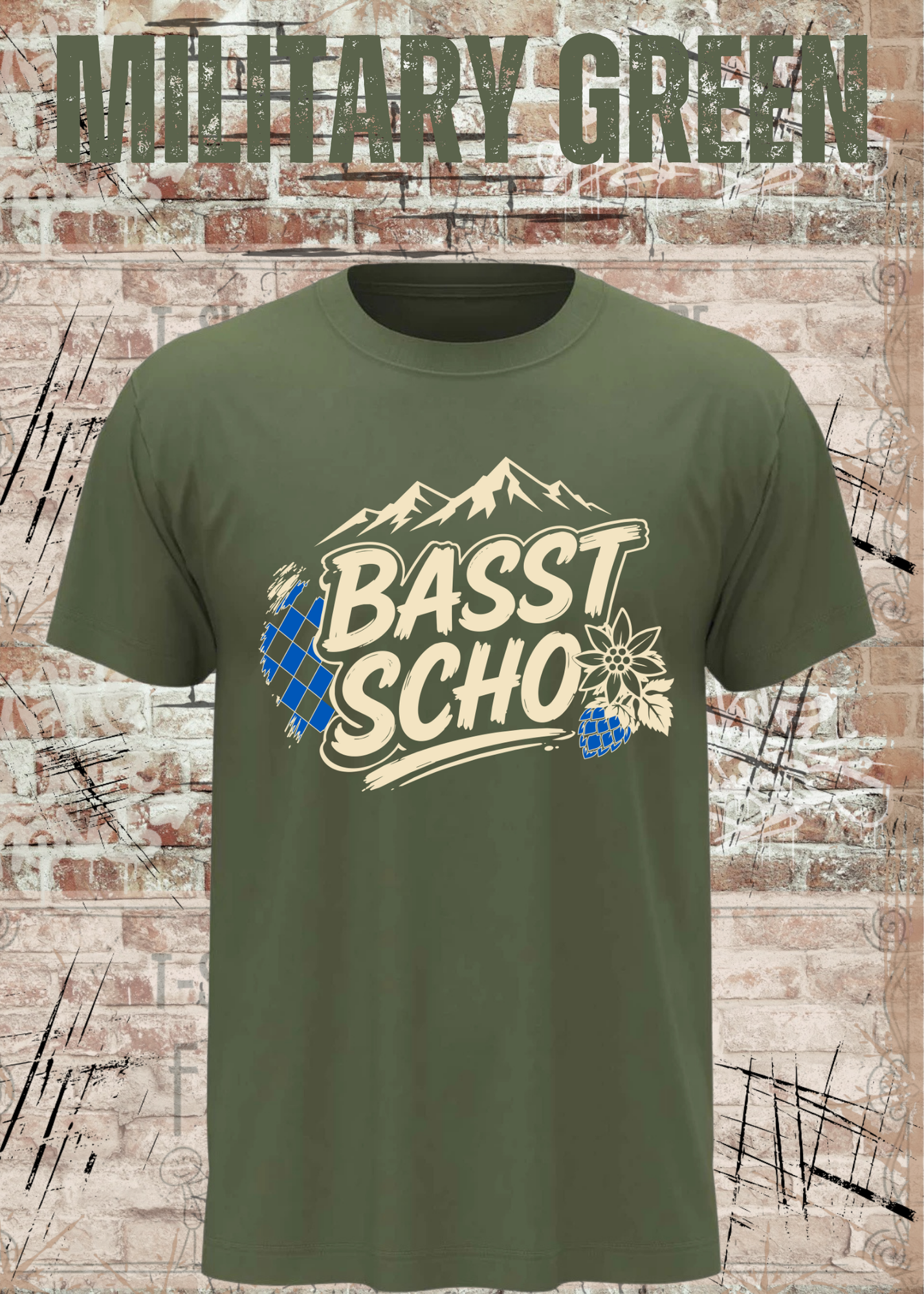 Basst scho – Bayerisches T-Shirt mit Bergen und Edelweiß