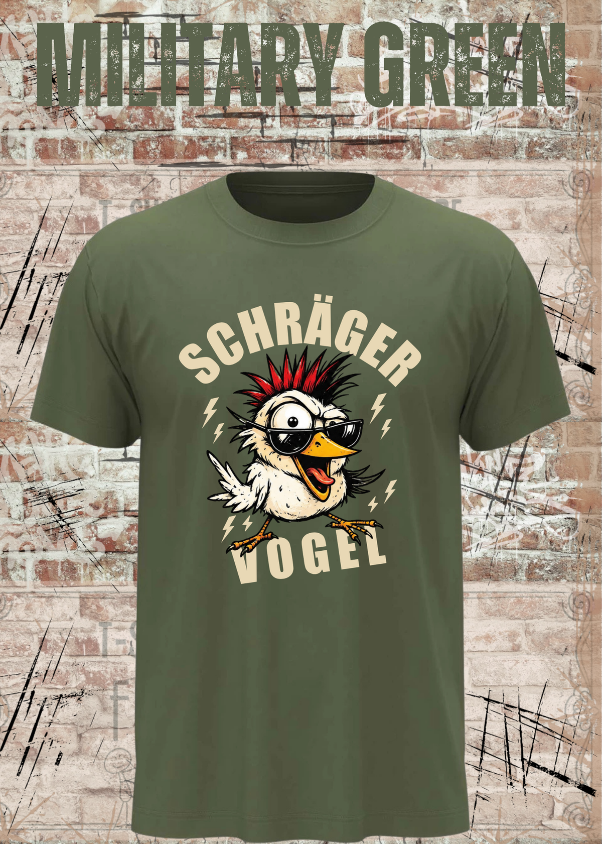 Unisex-T-Shirt „Schräger Vogel“ in Military Green.