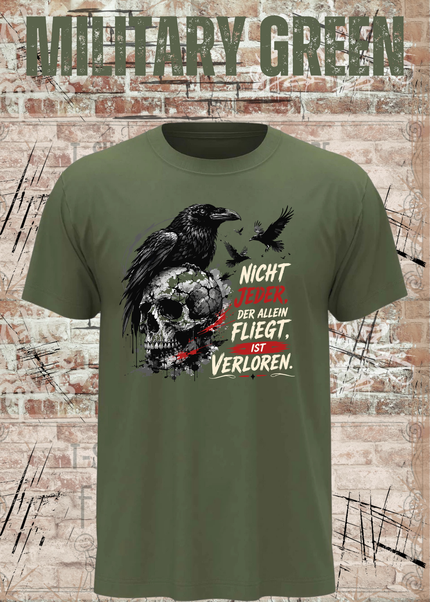 Nicht Jeder der Allein Fliegt T-Shirt – Dunkles Raben Shirt mit Totenkopf Motiv