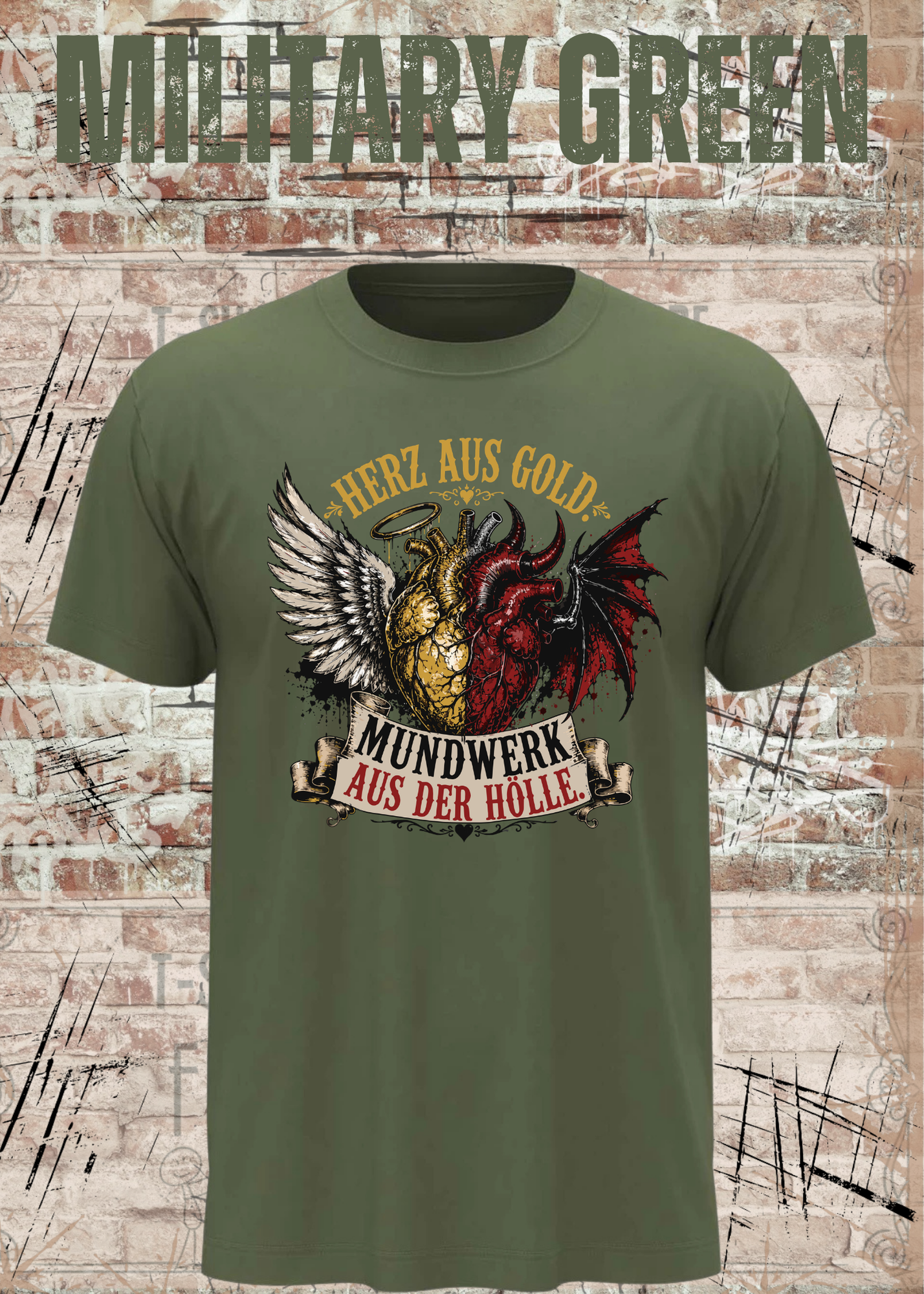 Herz aus Gold T-Shirt – Mundwerk aus der Hölle Shirt mit Engel & Teufel Motiv
