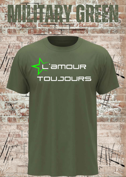 L'amour Toujours T-Shirt – Techno, Rave & Festival Shirt in Military Green.