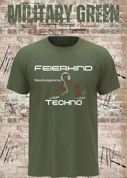 Feierkind Techno T-Shirt – Beziehungsstatus Techno in Military Green.
