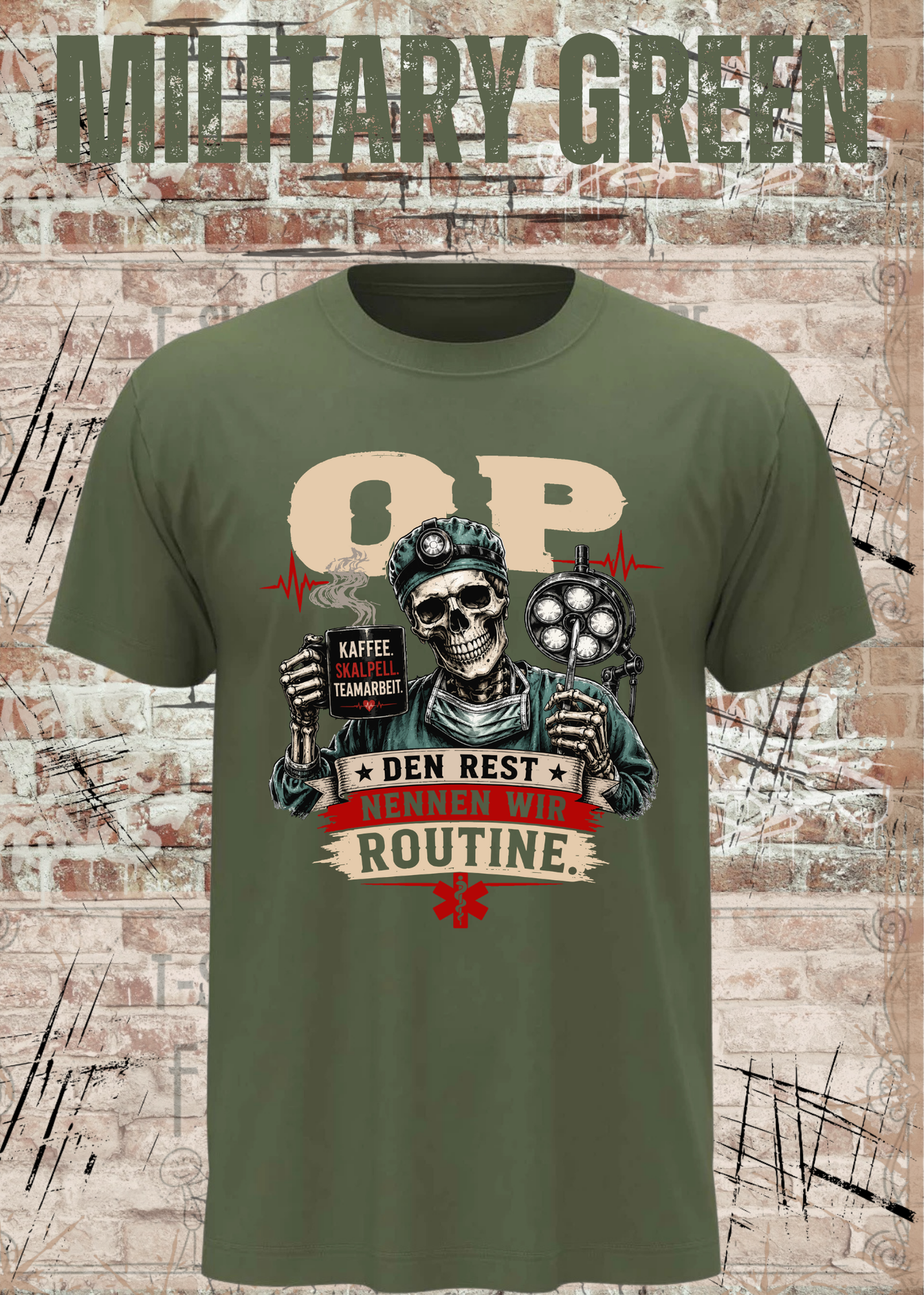 OP T-Shirt „Den Rest nennen wir Routine“ | Skelett Shirt für OP-Team & Medizin
