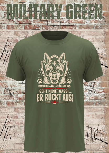 Schäferhund T-Shirt „Er rückt aus“ – Hundeshirt