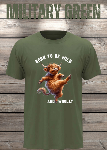 Unisex-T-Shirt „Born to Be Wild and Woolly“ in Military Green.