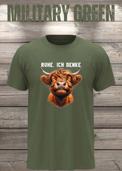 Unisex-T-Shirt „Ruhe. Ich denke“ in Military Green.