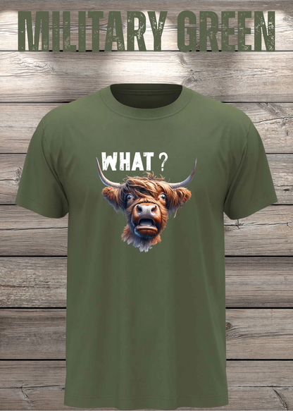 Unisex-T-Shirt „WHAT?“ in Military Green.