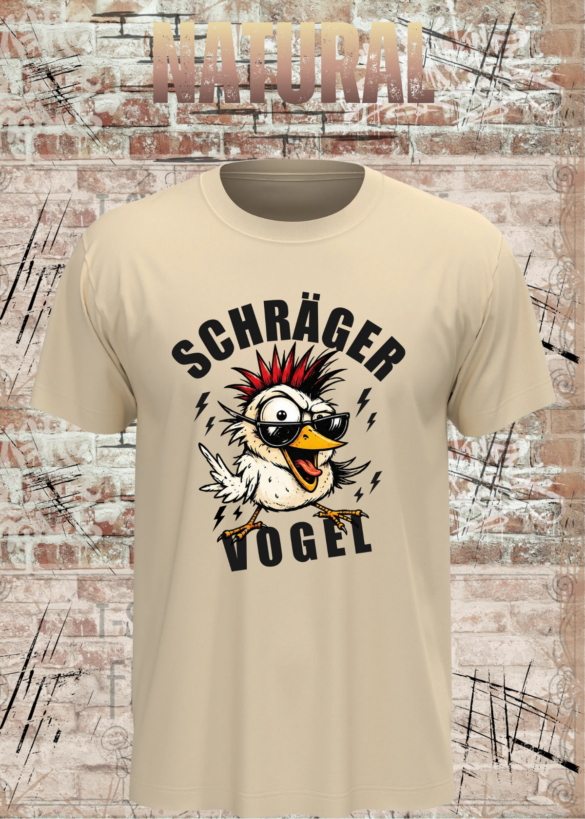 Unisex-T-Shirt „Schräger Vogel“ in Natural.