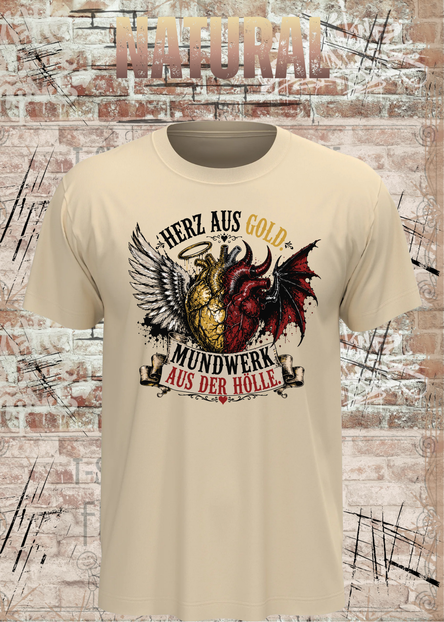 Herz aus Gold T-Shirt – Mundwerk aus der Hölle Shirt mit Engel & Teufel Motiv