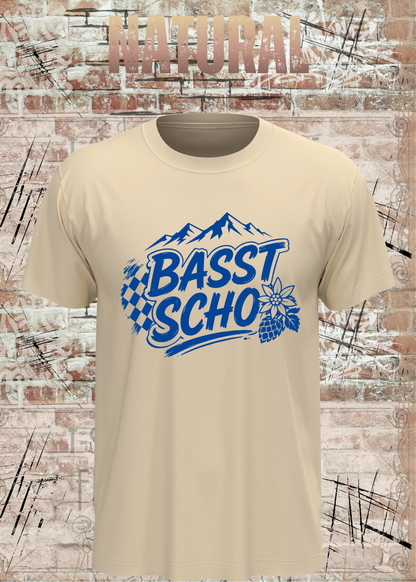 Basst scho – Bayerisches T-Shirt mit Bergen und Edelweiß