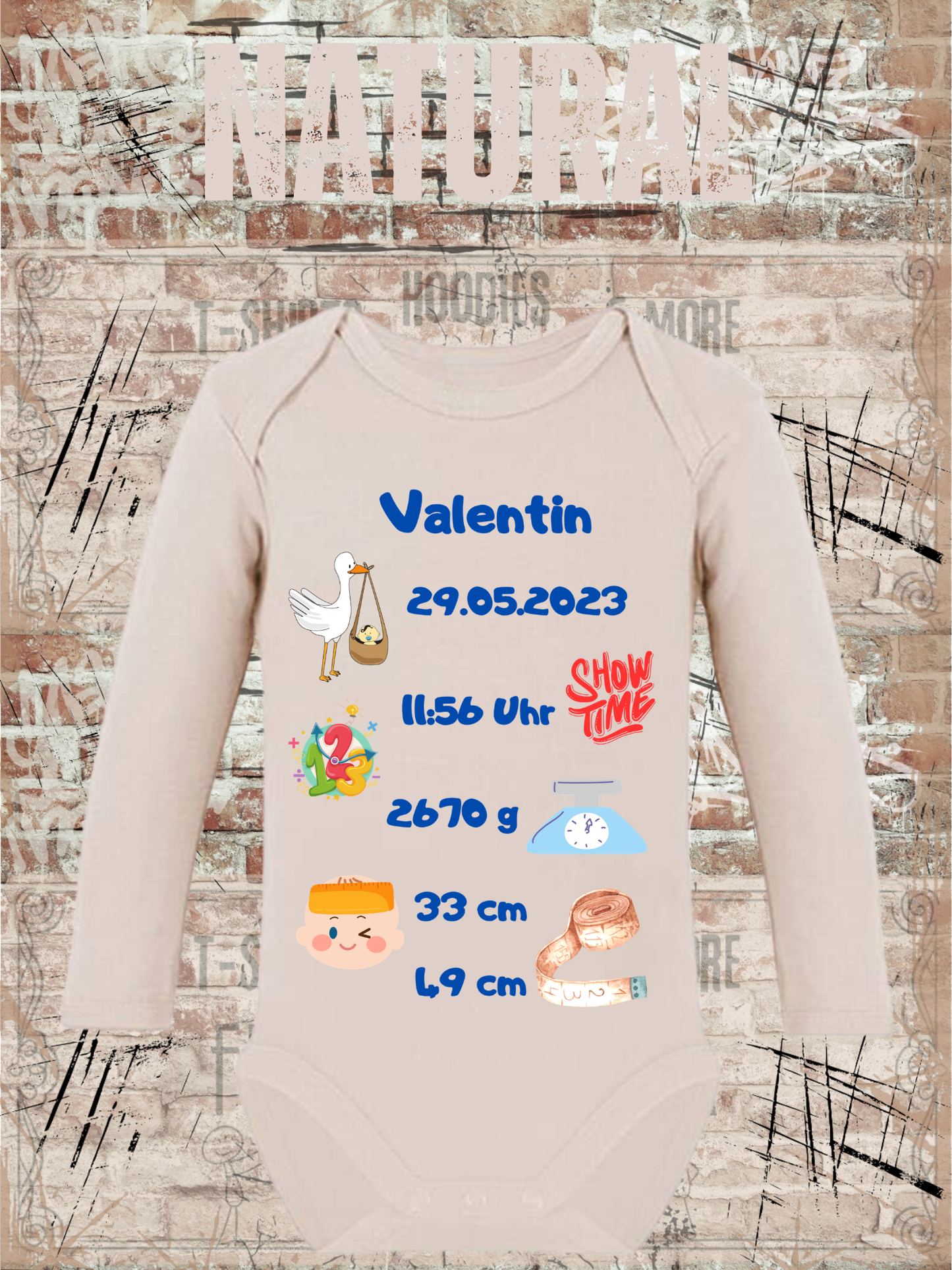 Baby Body Personalisierbar - Name, Geburtsdatum, Groesse & Gewicht - Newborn Geschenk