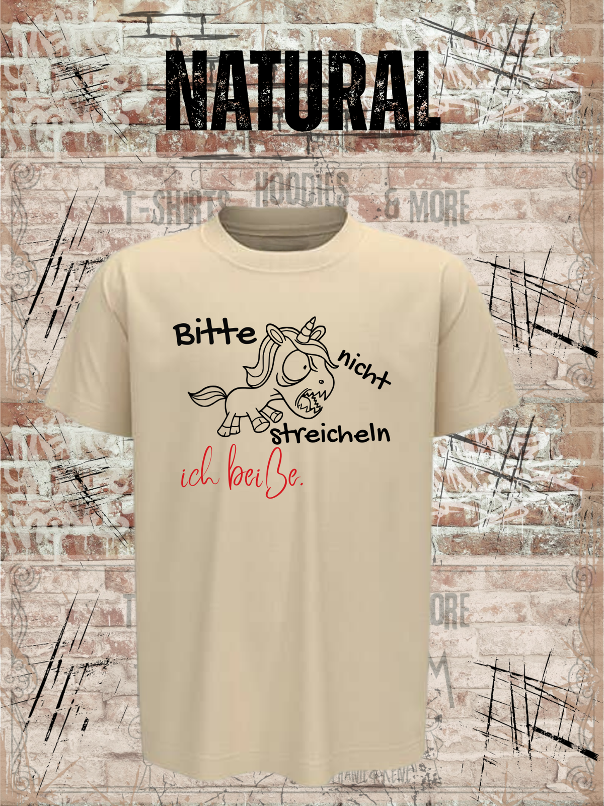 Kinder T-Shirt Einhorn bitte nicht streicheln, ich beiße Witziges Kids T-Shirt in Natural.
