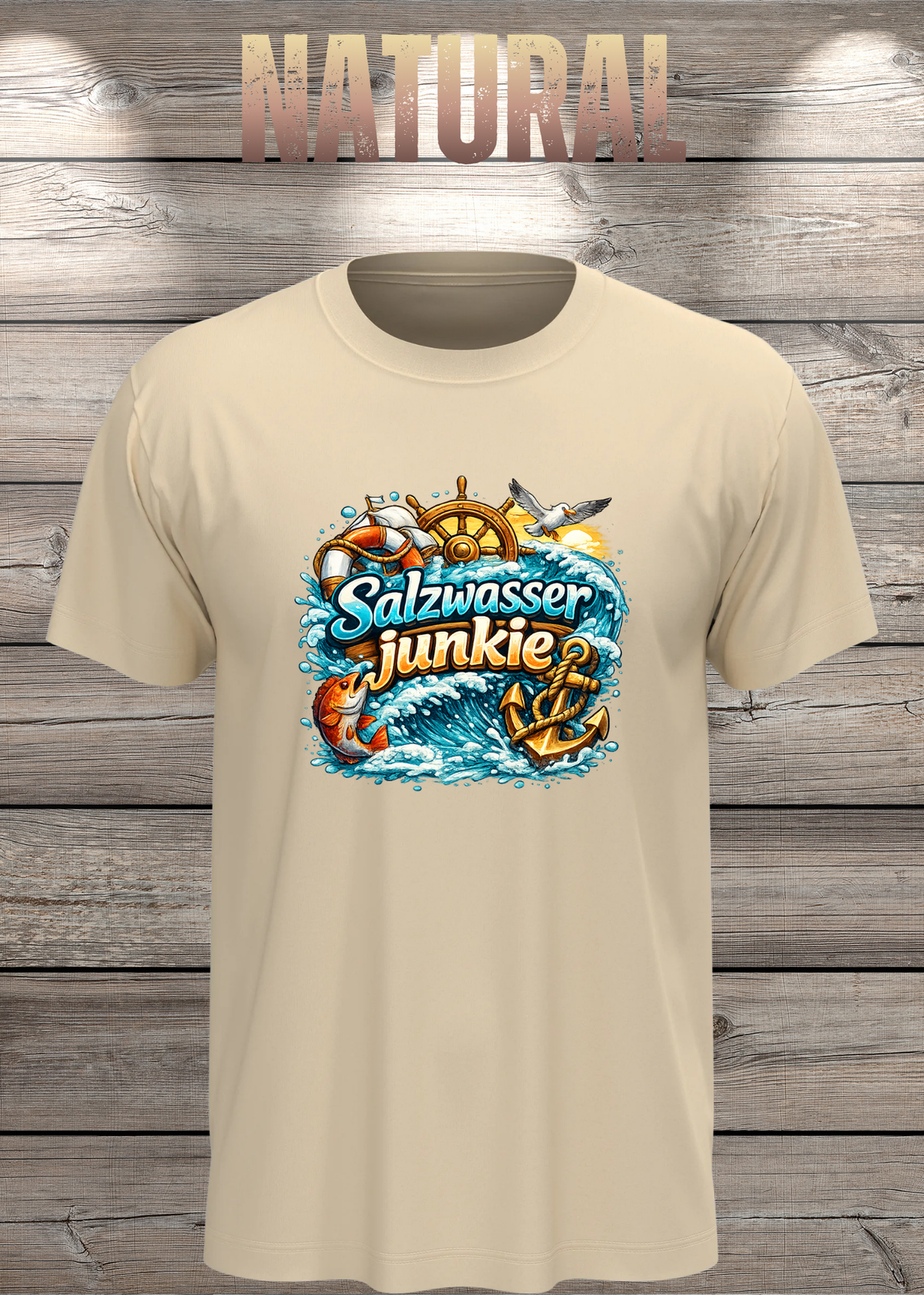 Salzwasser-Junkie Unisex T-Shirt in Natural.