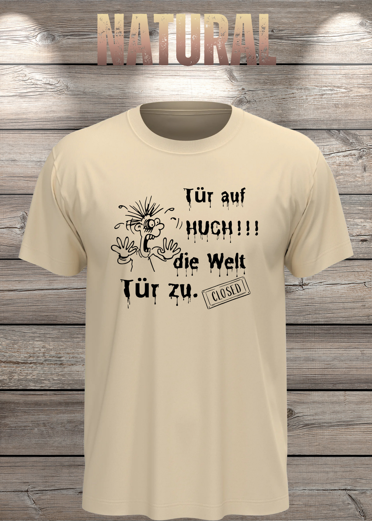 T-Shirt 'Tür auf huch die Welt Tür zu' - Witziges Spruch-Shirt für Introvertierte