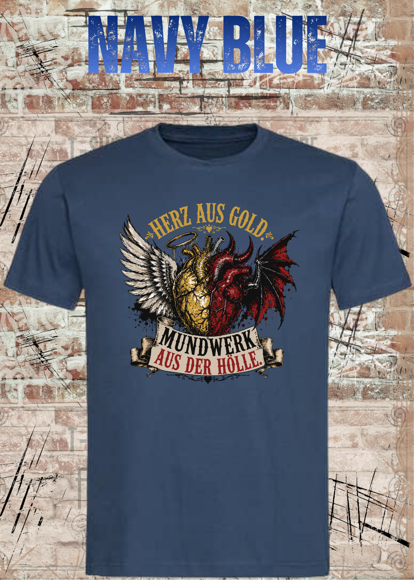 Herz aus Gold T-Shirt – Mundwerk aus der Hölle Shirt mit Engel & Teufel Motiv