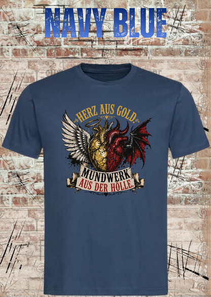 Herz aus Gold T-Shirt – Mundwerk aus der Hölle Shirt mit Engel & Teufel Motiv