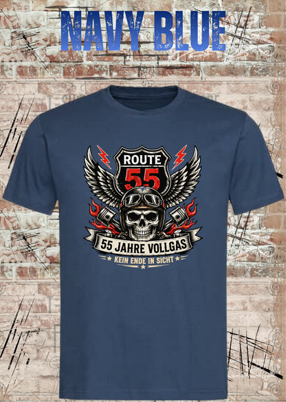 55 Jahre Vollgas T-Shirt – Route 55 in Navy Blue.