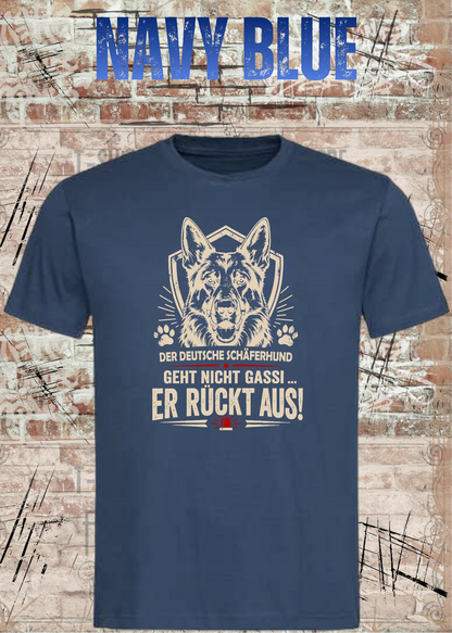 Schäferhund T-Shirt „Er rückt aus“ – Hundeshirt