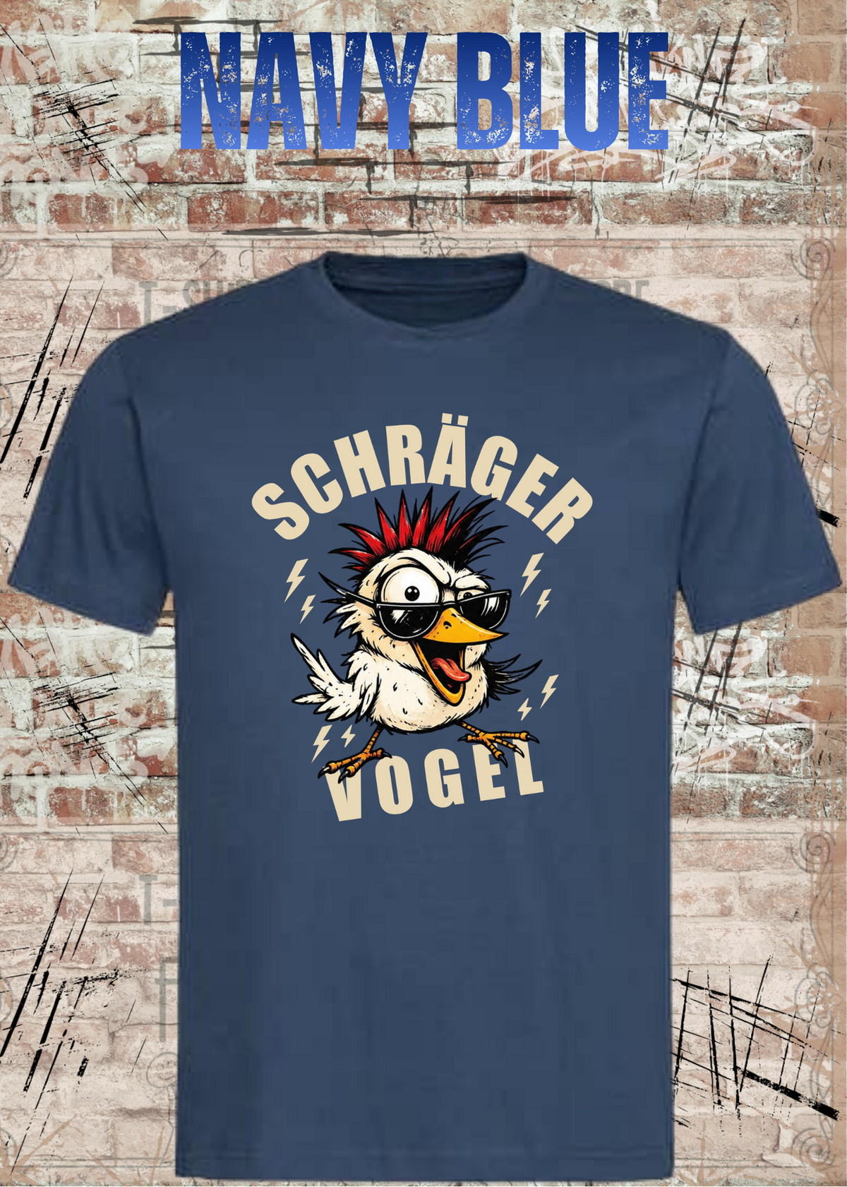 Unisex-T-Shirt „Schräger Vogel“ in Navy Blue.