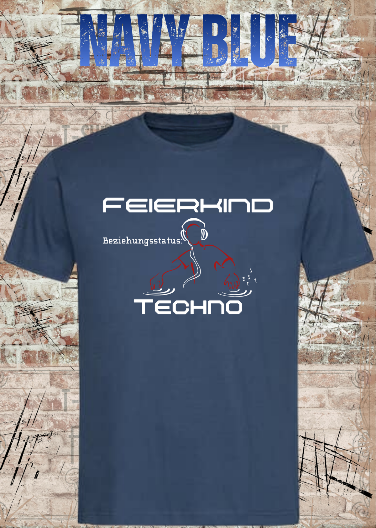 Feierkind Techno T-Shirt – Beziehungsstatus Techno in Navy Blue.