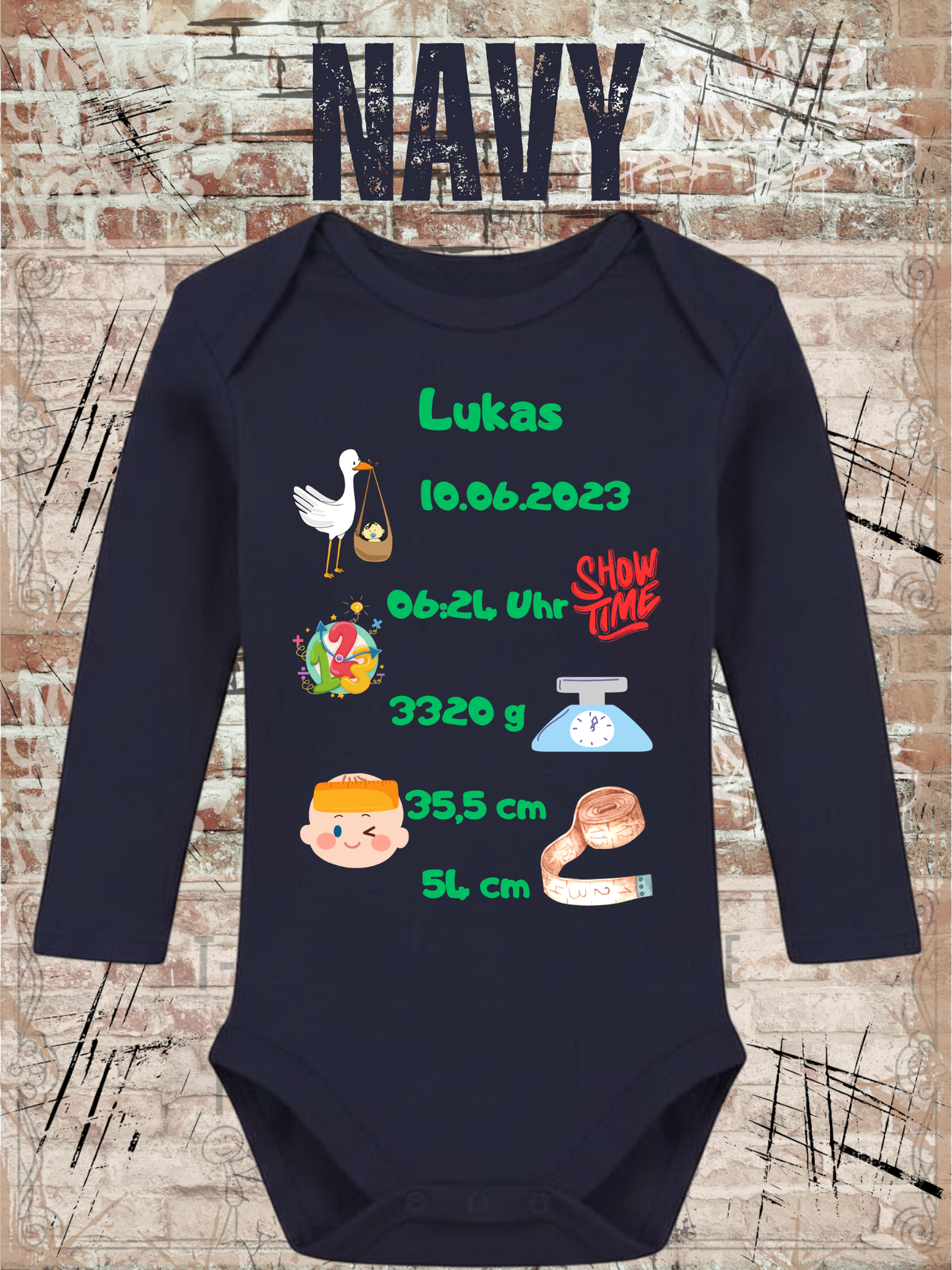 Baby Body Personalisierbar - Name, Geburtsdatum, Groesse & Gewicht - Newborn Geschenk