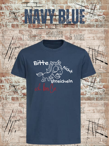 Kinder T-Shirt Einhorn bitte nicht streicheln, ich beiße Witziges Kids T-Shirt in Navy Blue.