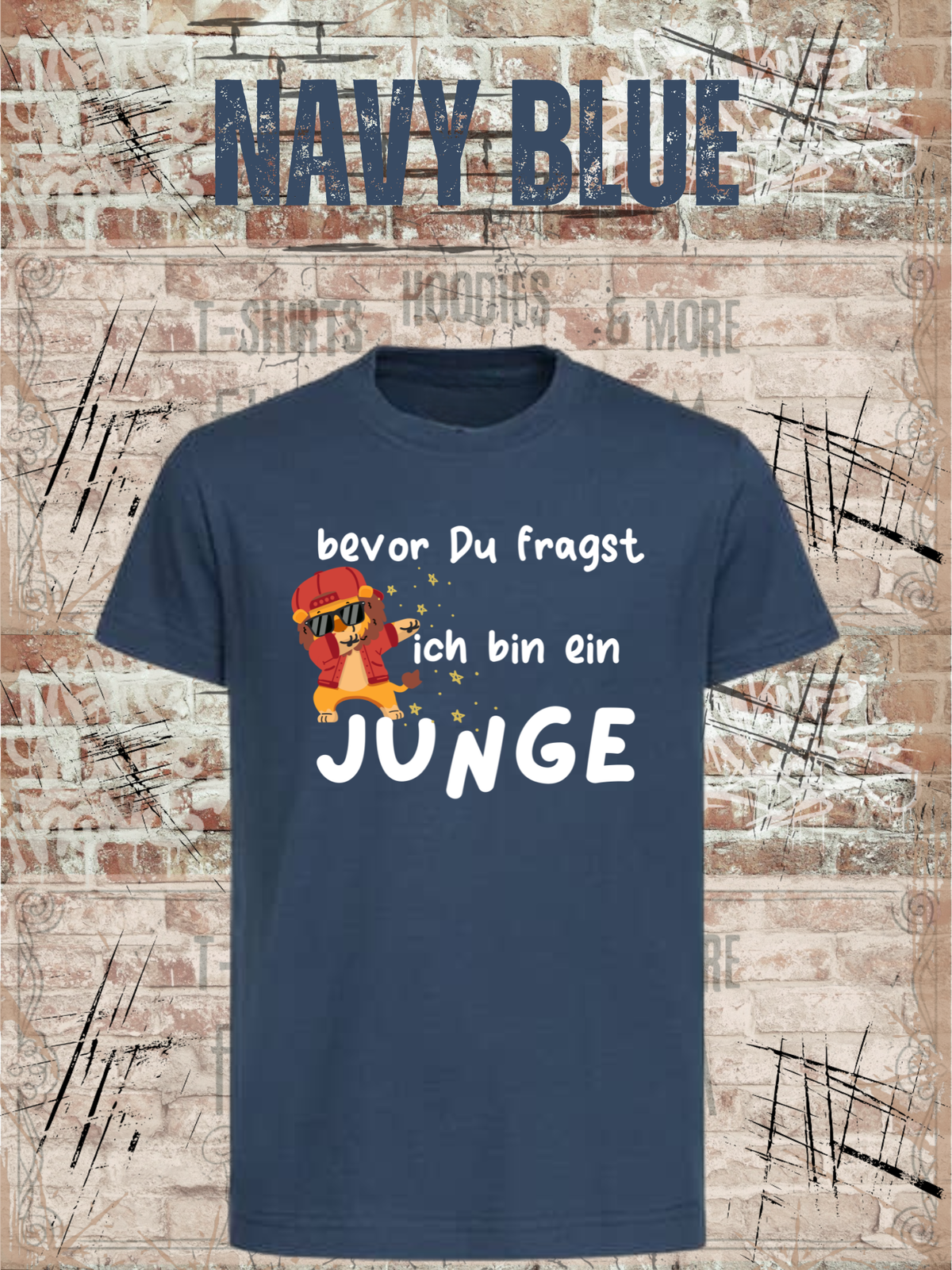 Kinder-T-Shirt „Bevor Du fragst – ich bin ein Junge!“ in Navy Blue.