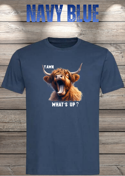 Unisex-T-Shirt „Yawn What's Up?“ in Navy Blue.