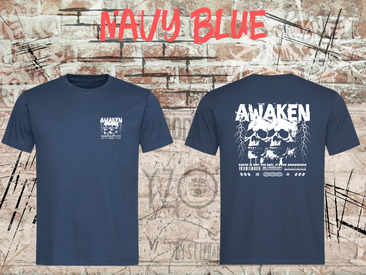 Unisex-T-Shirt „Awaken the Death“ in Navy Blue, Vorder- und Rückseite.
