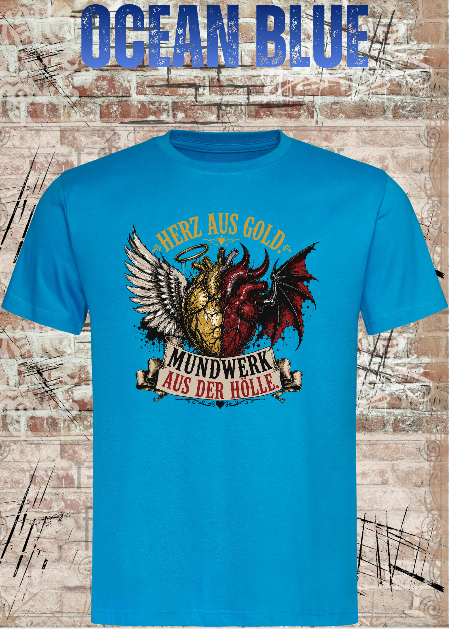 Herz aus Gold T-Shirt – Mundwerk aus der Hölle Shirt mit Engel & Teufel Motiv