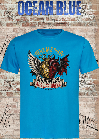 Herz aus Gold T-Shirt – Mundwerk aus der Hölle Shirt mit Engel & Teufel Motiv