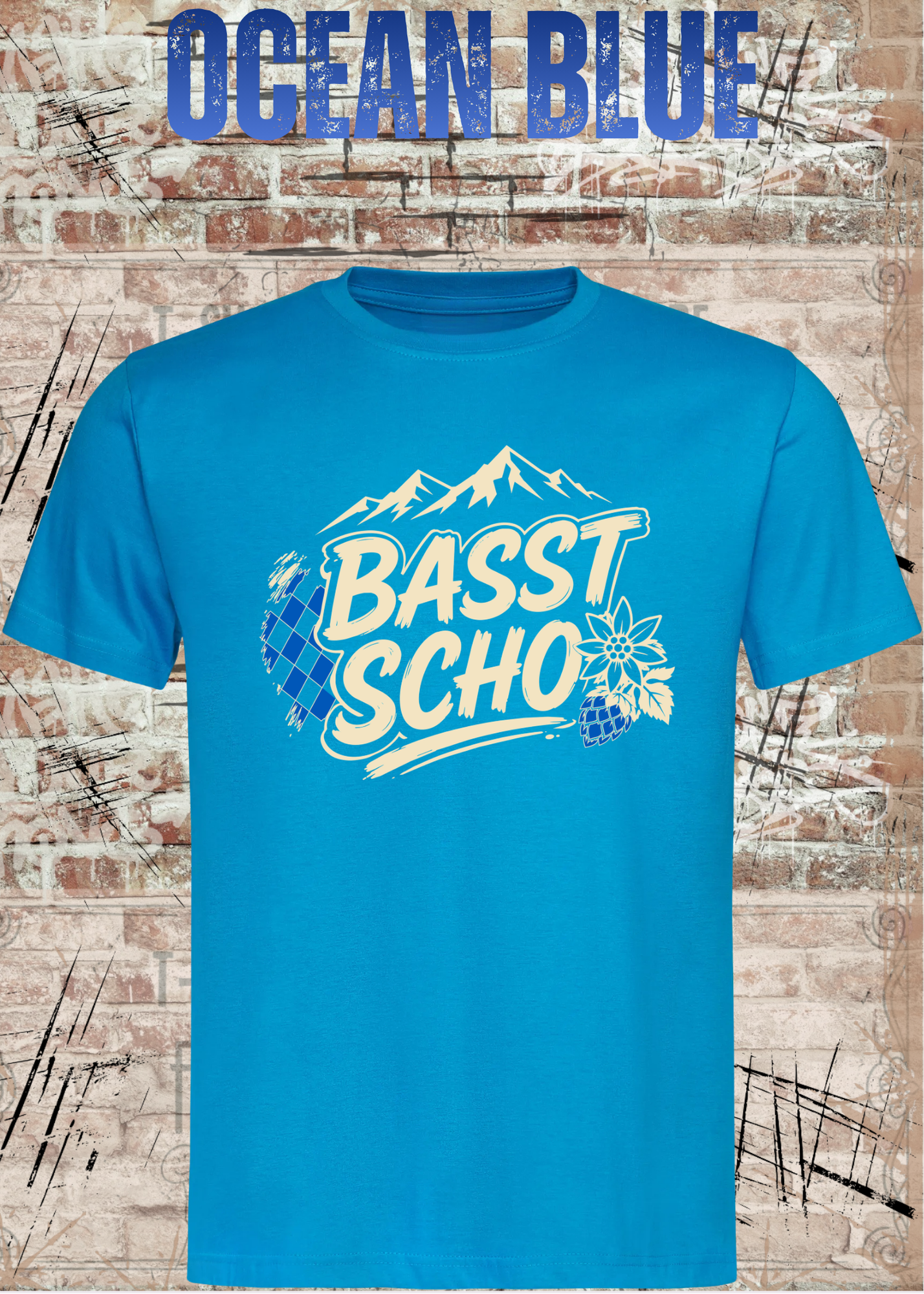 Basst scho – Bayerisches T-Shirt mit Bergen und Edelweiß