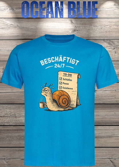 Beschäftigt 24/7 Schnecken T-Shirt in Ocean Blue - Witziges Unisex Shirt