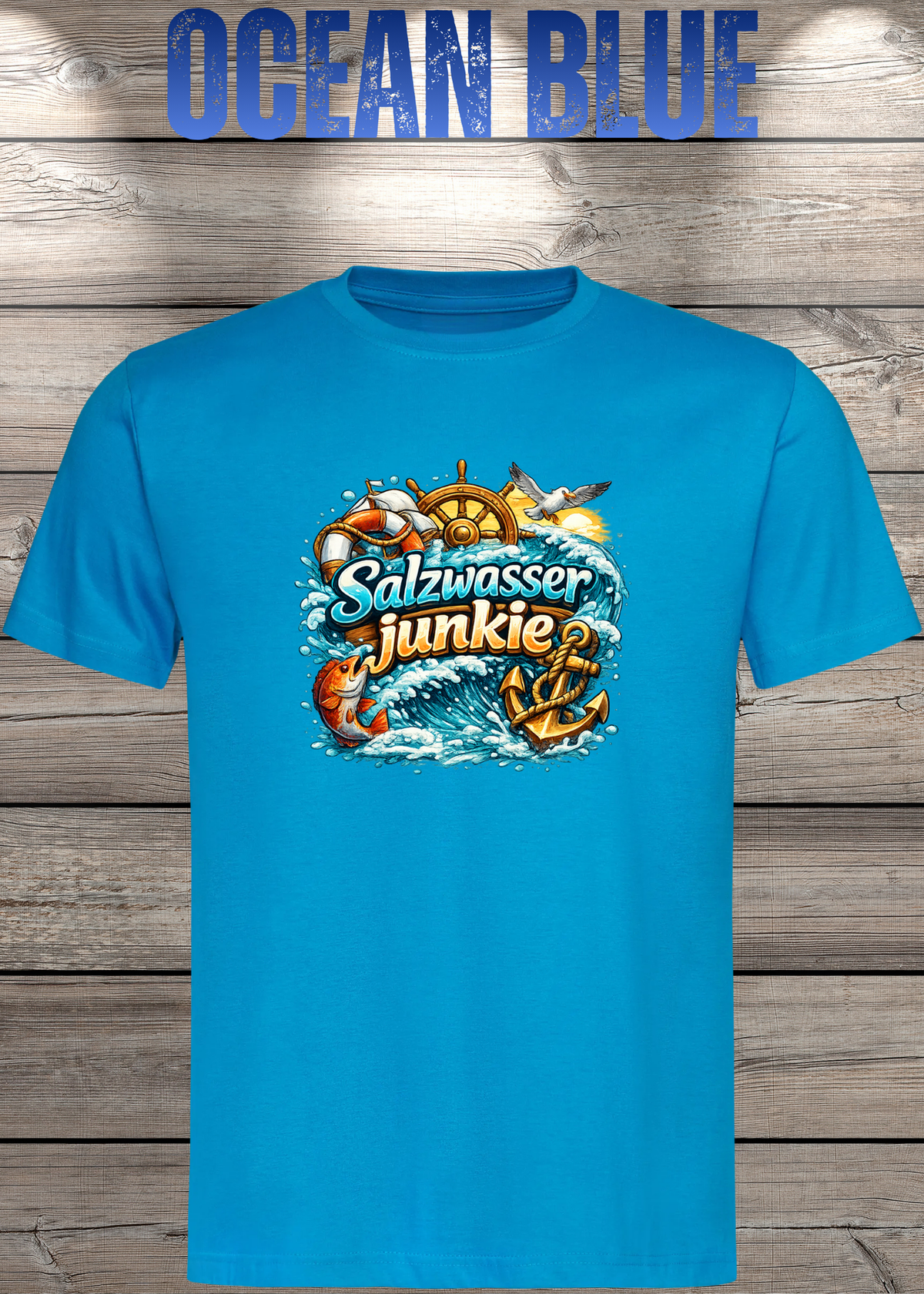 Salzwasser-Junkie Unisex T-Shirt in Ocean Blue.