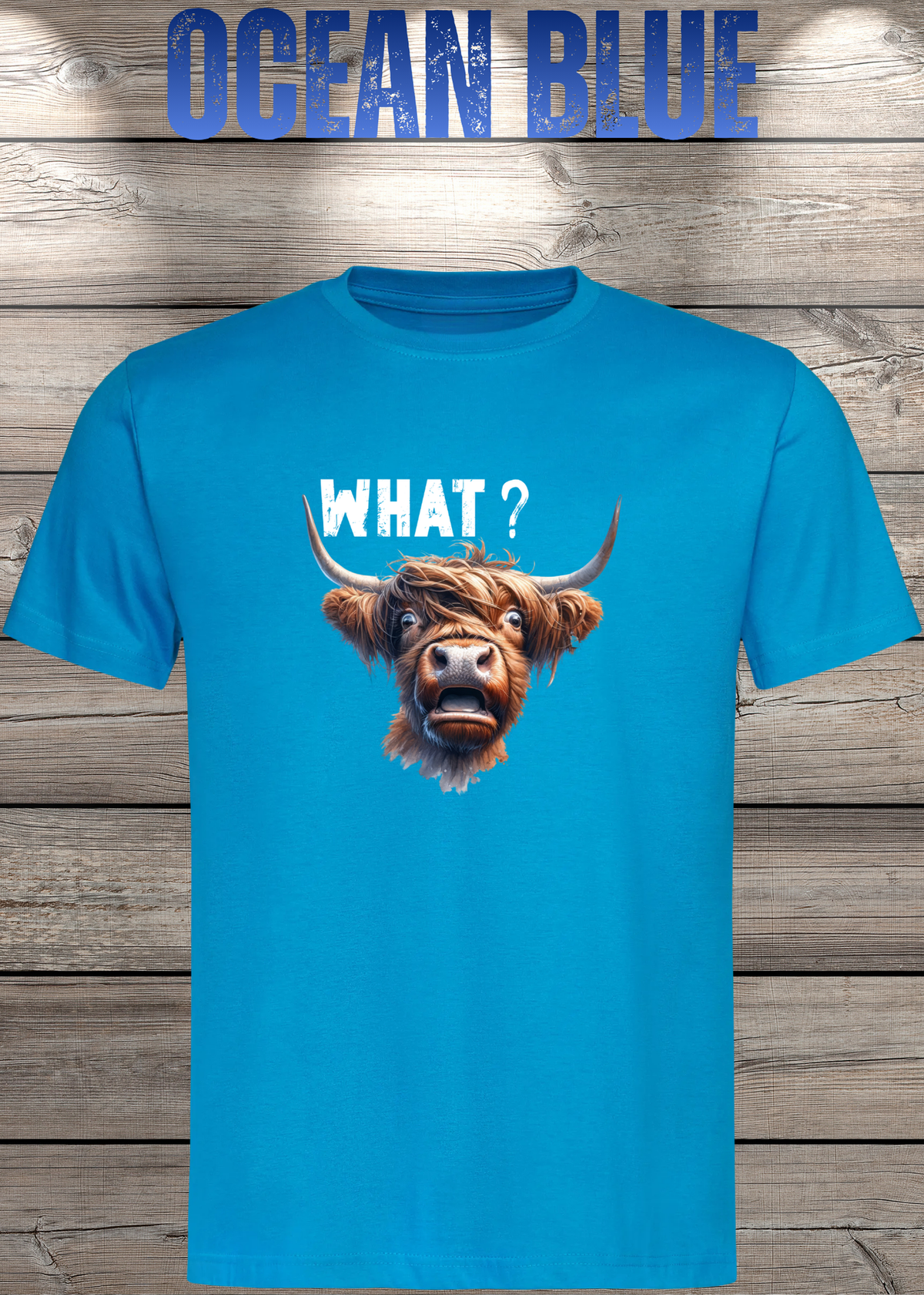Unisex-T-Shirt „WHAT?“ in Ocean Blue.