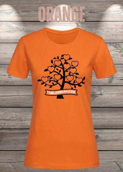 Familienmanagerin T-Shirt Damen – Herzbaum in Orange.