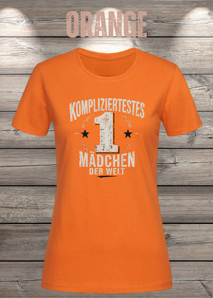 Damen-T-Shirt „Kompliziertestes Mädchen der Welt“ in Orange.