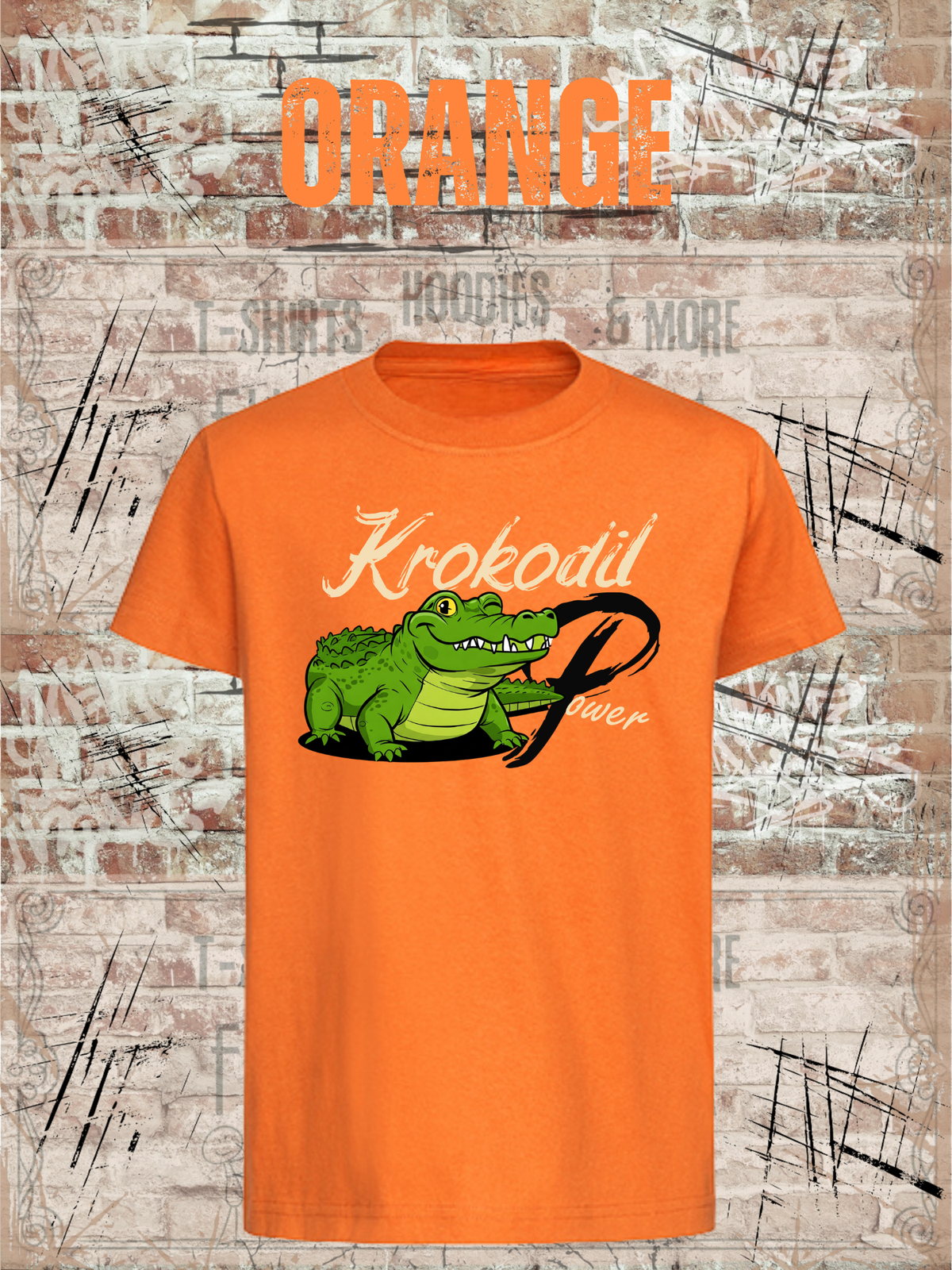 Krokodil Power – Kinder T-Shirt für Jungen & Mädchen in Orange.