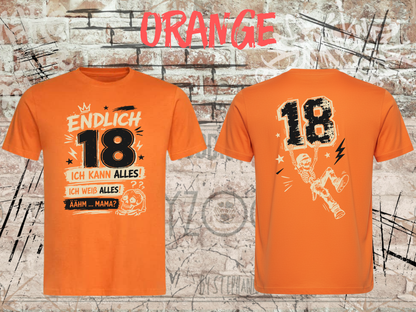 Unisex-T-Shirt „Endlich 18 – Ich kann alles, ich weiß alles“ in Orange, Vorder- und Rückseite.