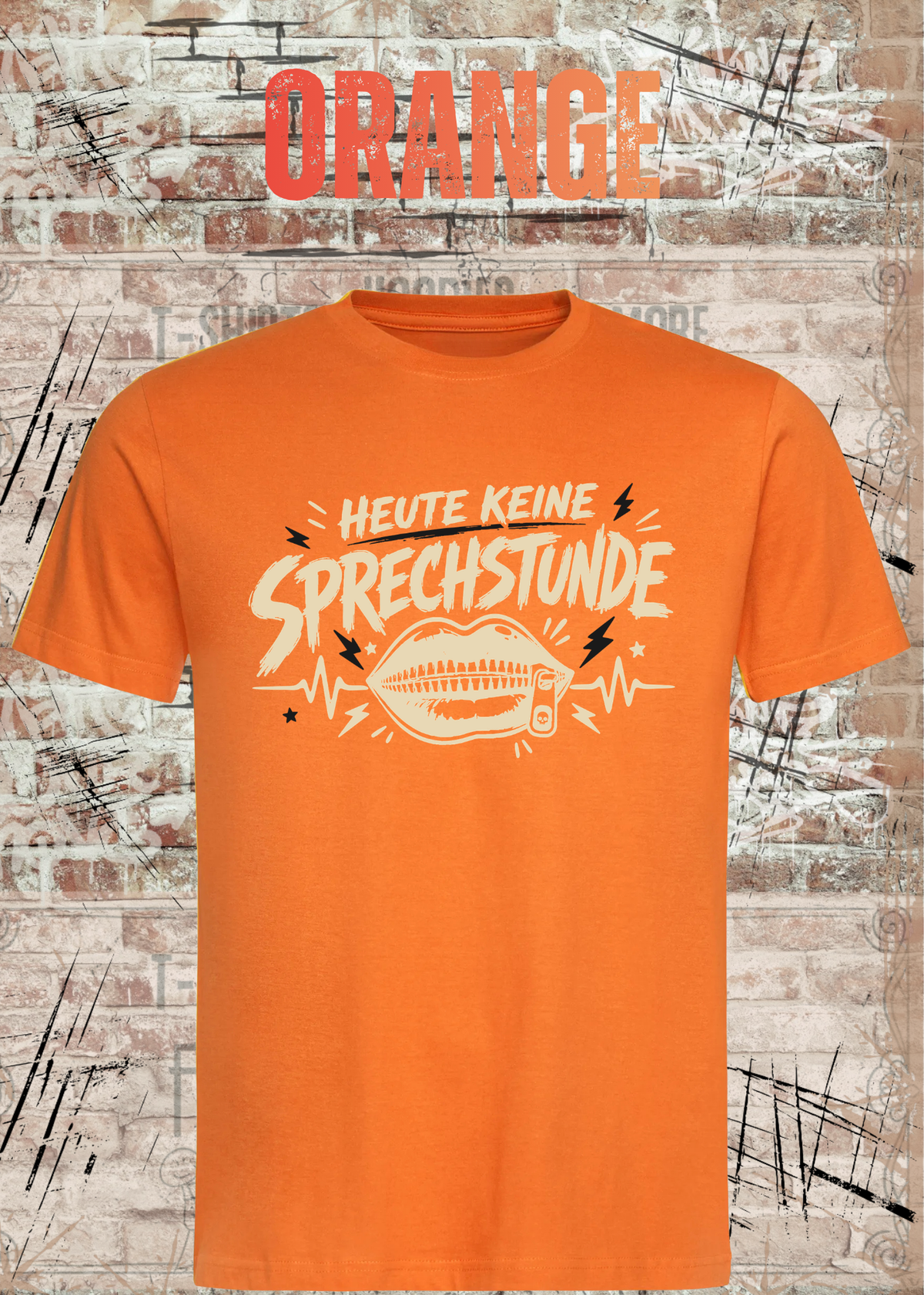 Unisex-T-Shirt „Heute keine Sprechstunde“ in Orange.