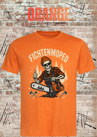 Herren-T-Shirt „Fichtenmoped“ in Orange.