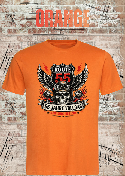 55 Jahre Vollgas T-Shirt – Route 55 in Orange.