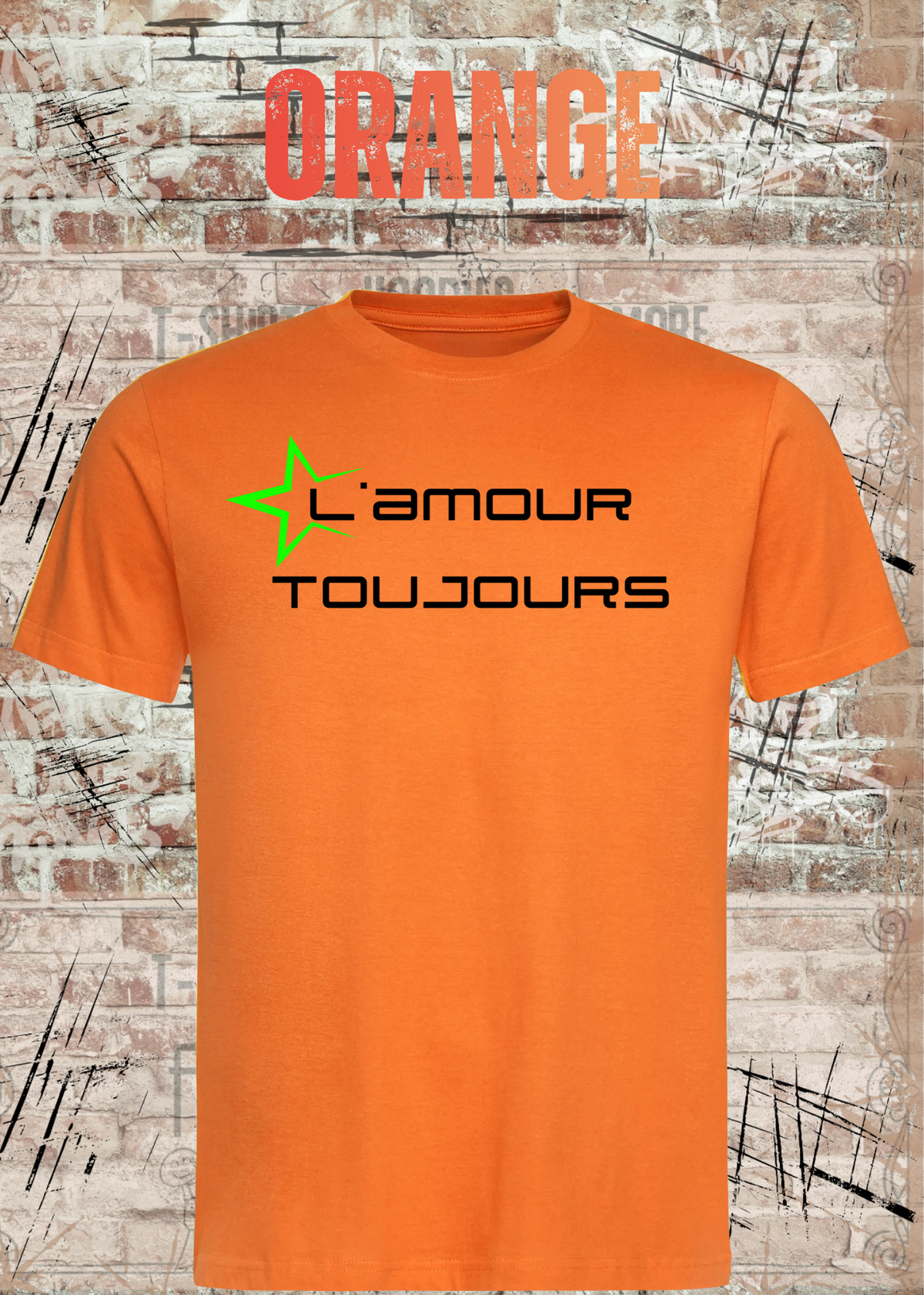 L'amour Toujours T-Shirt – Techno, Rave & Festival Shirt in Orange.