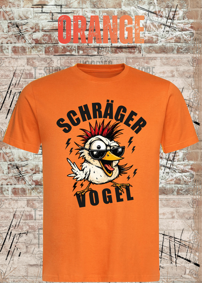 Unisex-T-Shirt „Schräger Vogel“ in Orange.