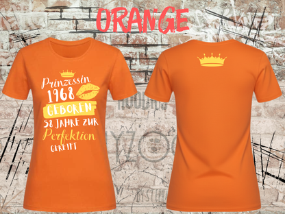T-Shirt Prinzessin 1968 – 58 Jahre zur Perfektion gereift in Orange, Vorder- und Rückseite.
