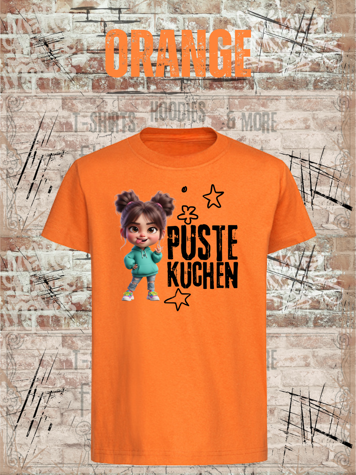 Kinder-T-Shirt „Pustekuchen!“ in Orange.
