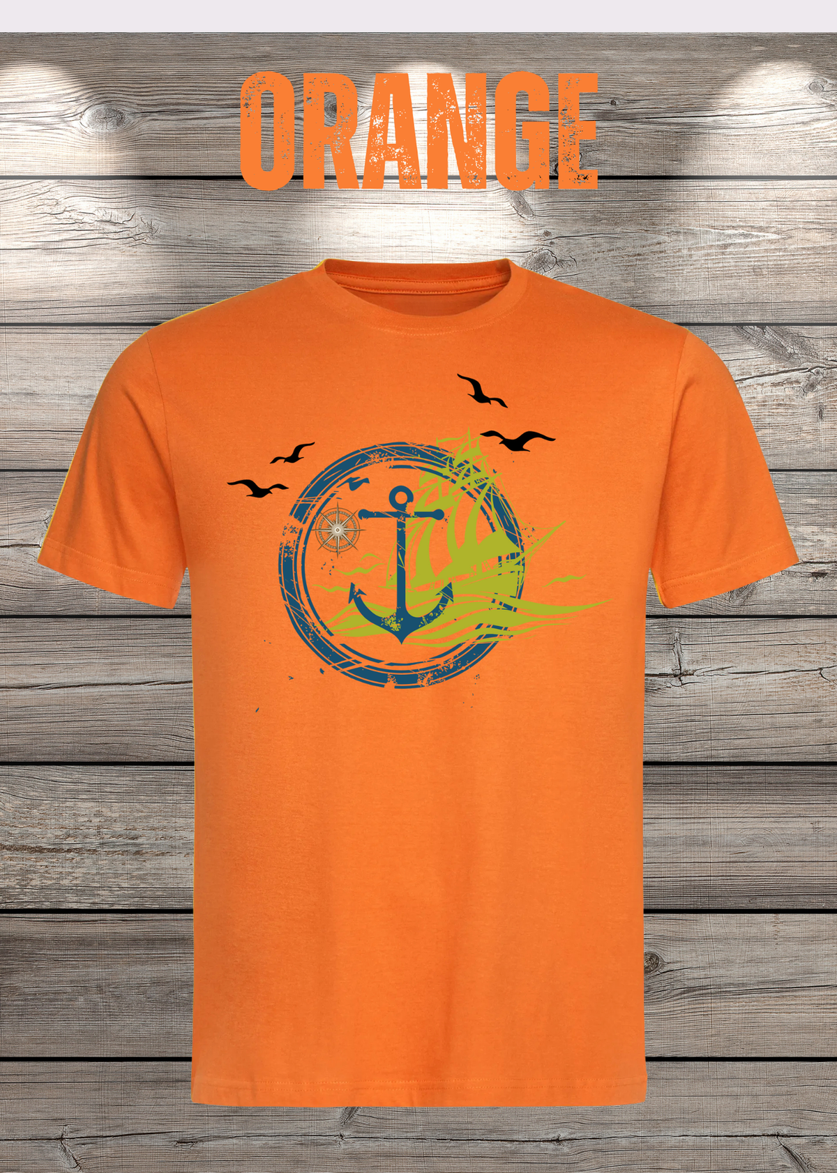 T-Shirt Schiff Anker Kompass in Orange.