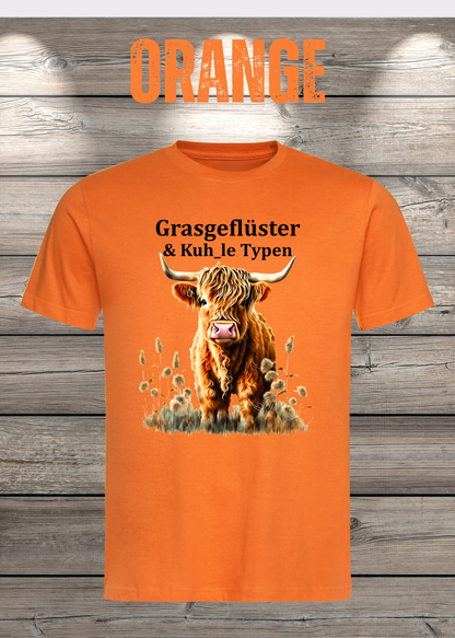 Unisex-T-Shirt „Grasgeflüster & Kuh_le Typen“ in Orange.
