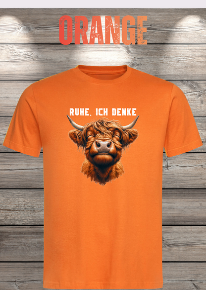 Unisex-T-Shirt „Ruhe. Ich denke“ in Orange.